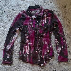 Guess Artistic Pattern Semi Sheer Button Down Top